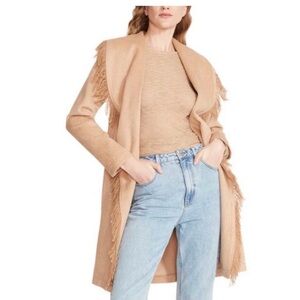 Bb Dakota Camel Fringe Trim Open Coat